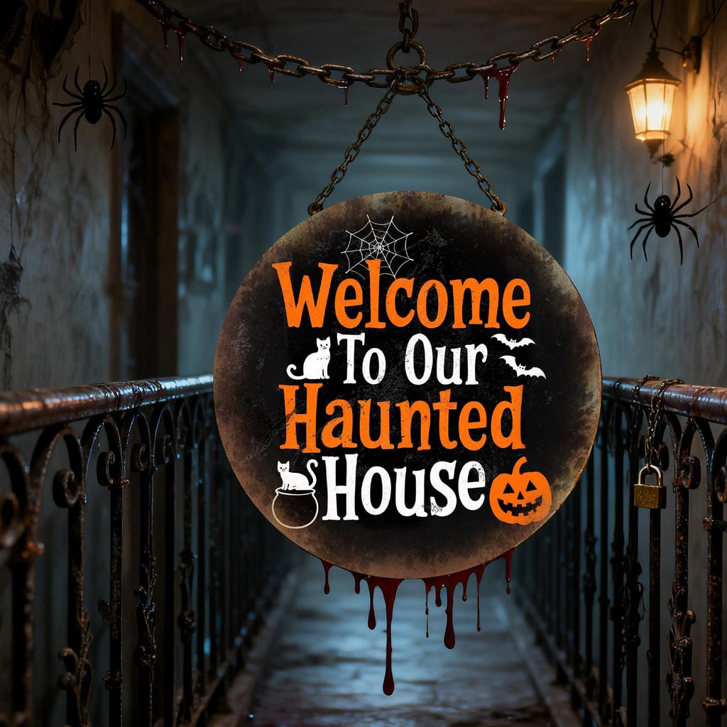 Plaque métallique maison hantée | Décoration rétro d'Halloween pour porche