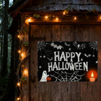 Fröhliches Halloween Metallschild | Geist, Kerze & Spinnennetz Veranda-Deko, gruselige Wandkunst