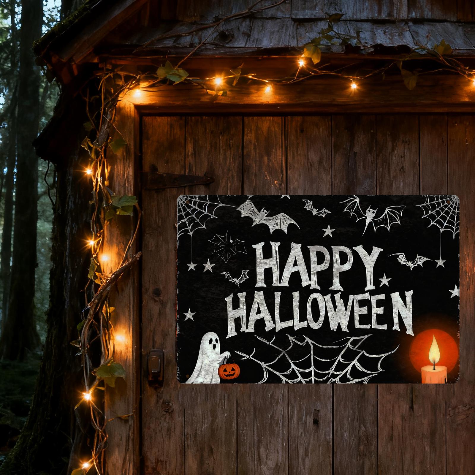 Happy Halloween Metal Sign - Ghost, Candle & Spiderweb Porch Decor, Spooky Wall Art