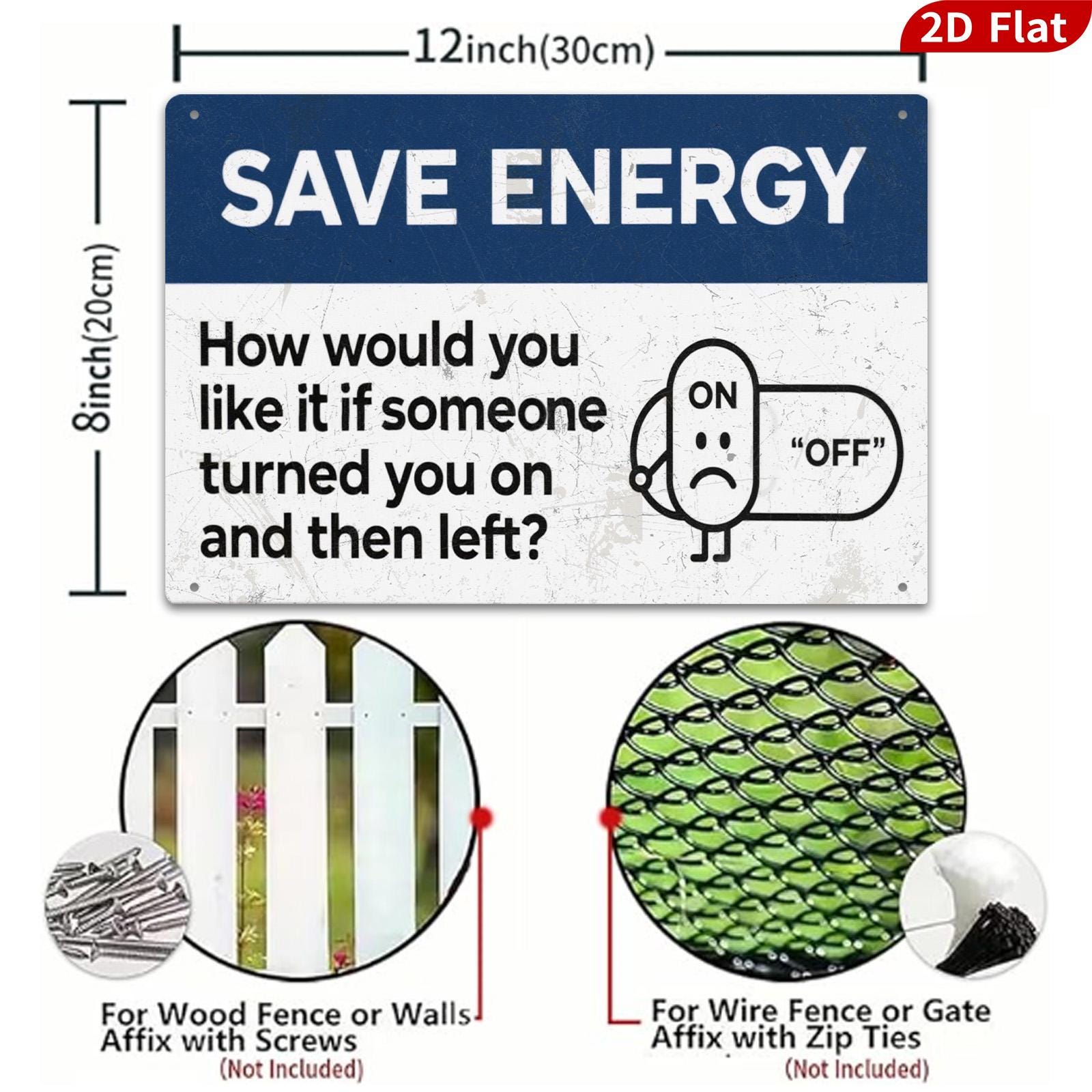 Save Energy Sign: Blue & White Light Switch Reminder, Metal Wall Plaque