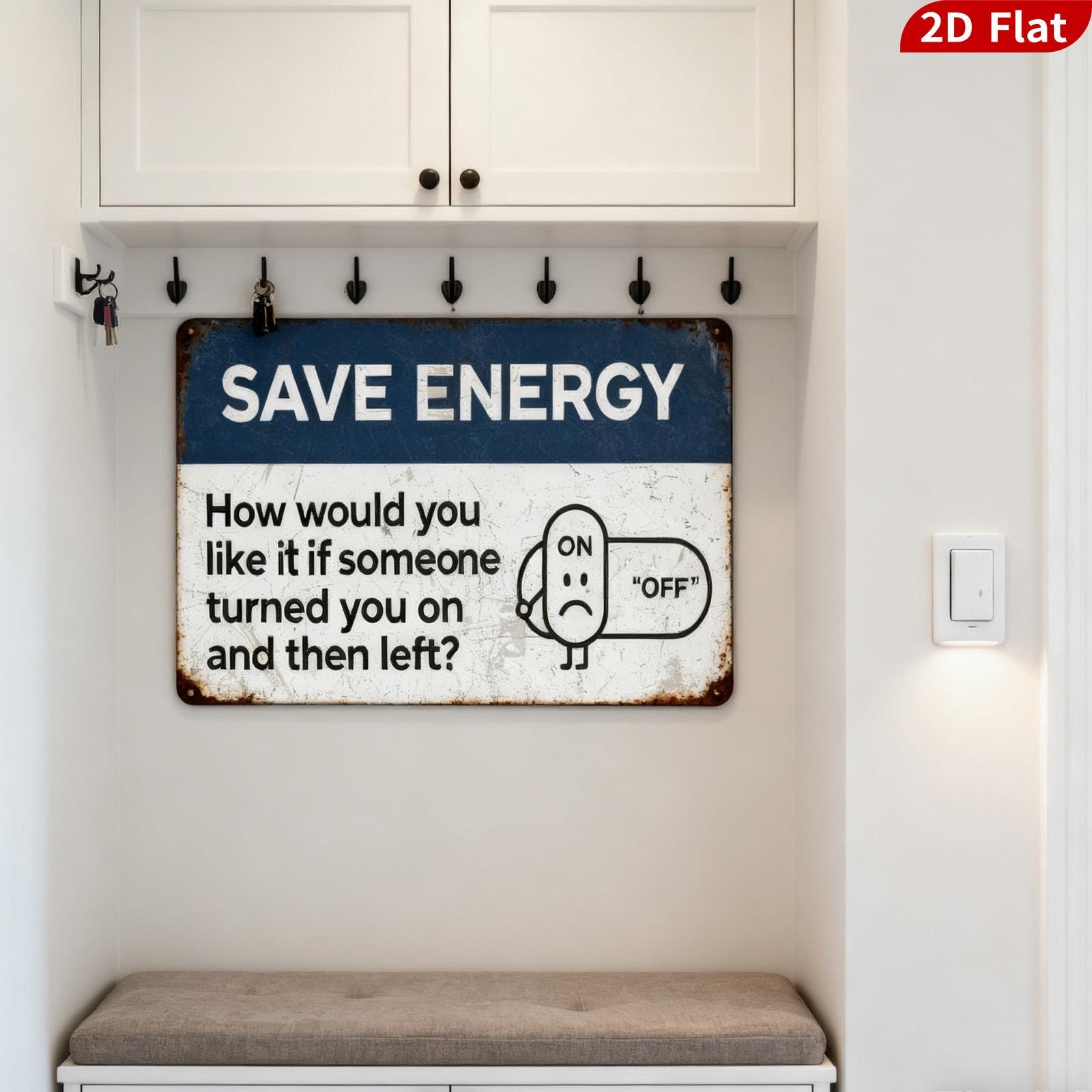 Save Energy Sign: Blue & White Light Switch Reminder, Metal Wall Plaque