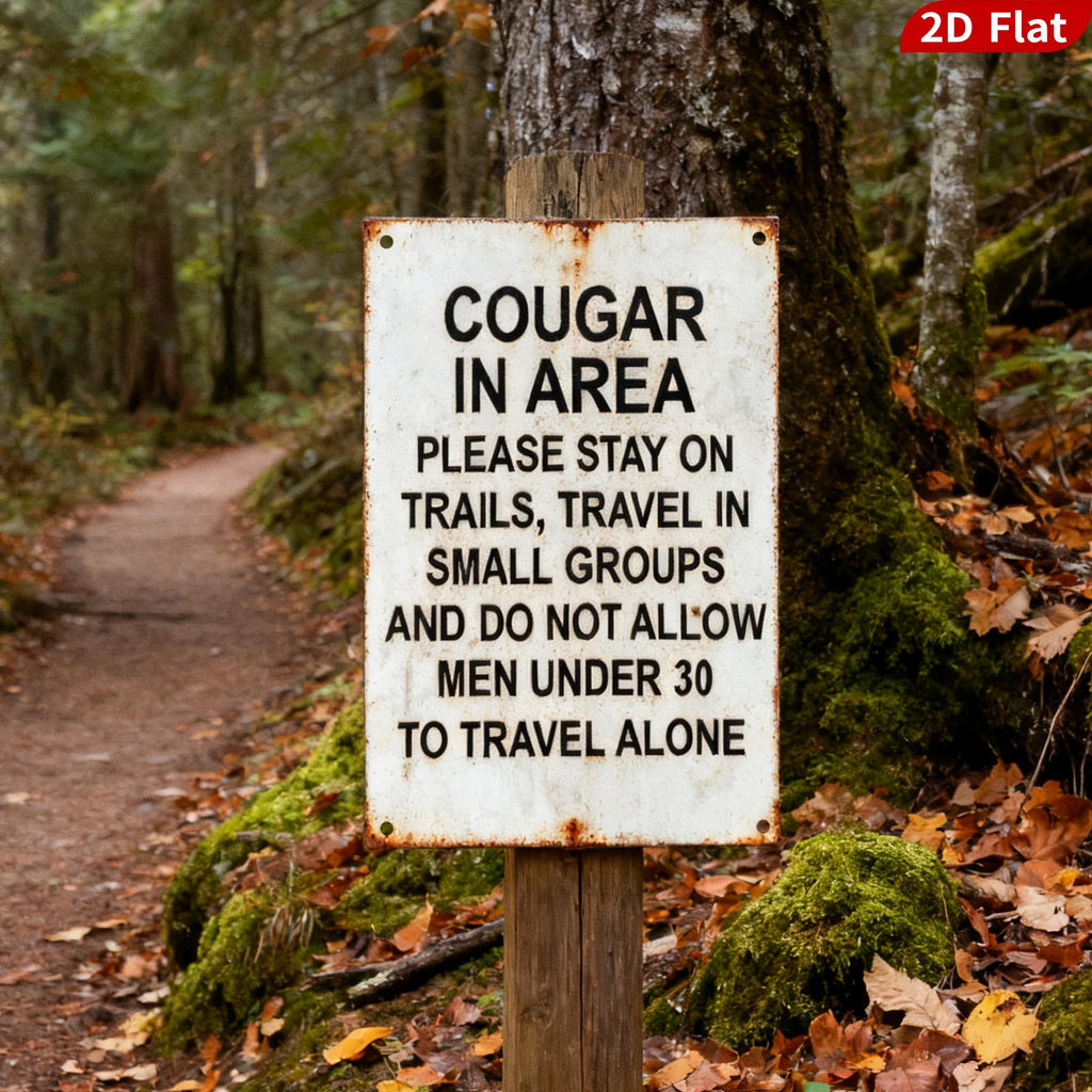 Cougar Warning Metal Sign: Funny Hunting Decor, Rustic Cabin Plaque