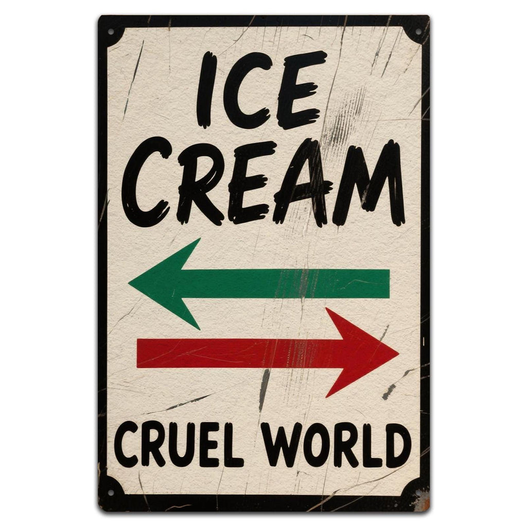Plaque métallique style vintage | Texte « Ice Cream & Cruel World » | 20x30 cm