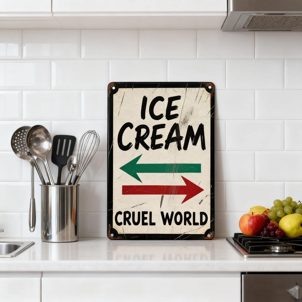Plaque métallique style vintage | Texte « Ice Cream & Cruel World » | 20x30 cm