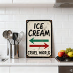 Plaque métallique style vintage | Texte « Ice Cream & Cruel World » | 20x30 cm