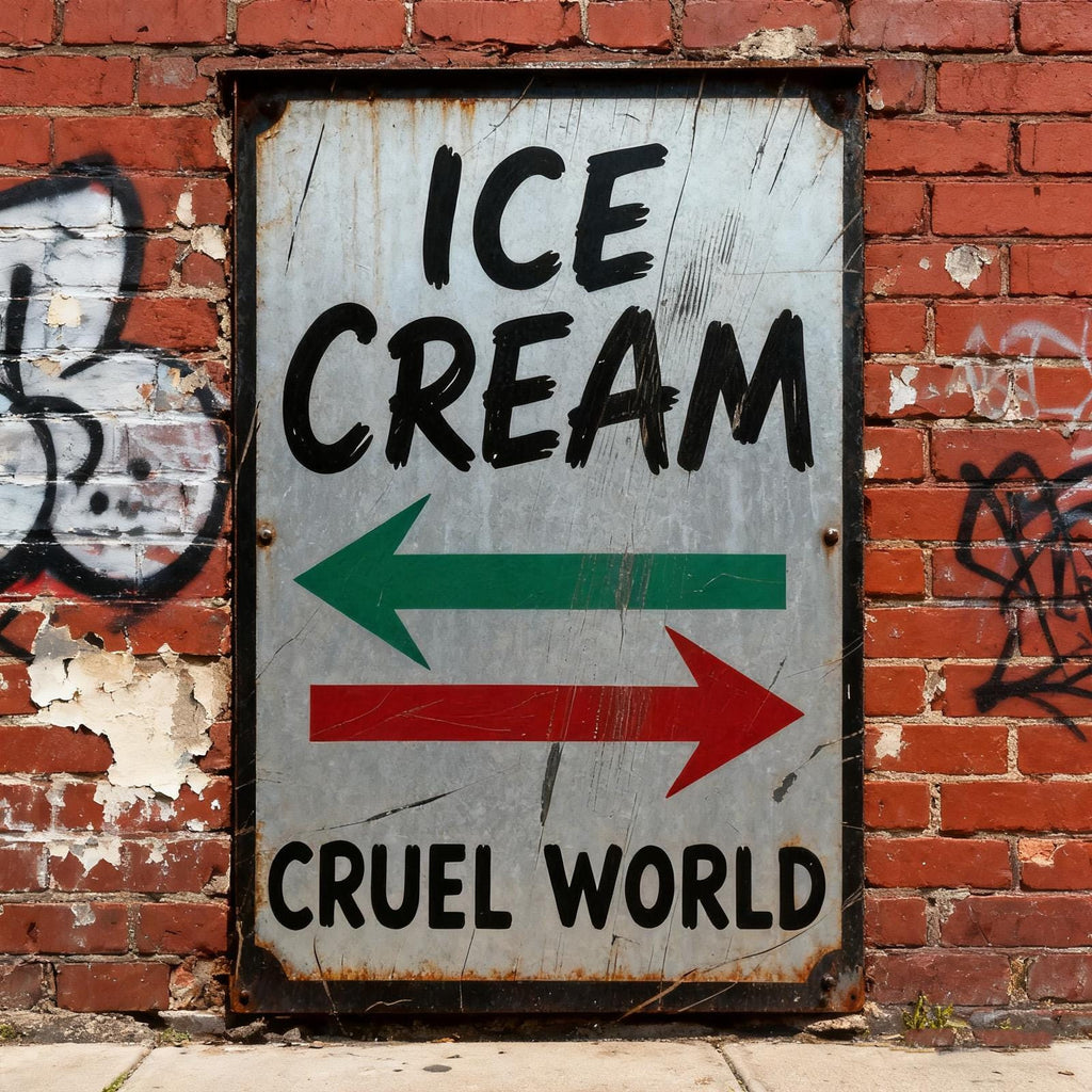 Plaque métallique style vintage | Texte « Ice Cream & Cruel World » | 20x30 cm