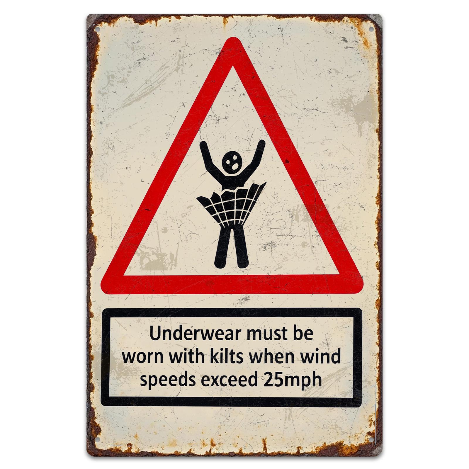 Funny Kilt Warning Sign, Underwear Required When Windy, Novelty Metal Wall Art