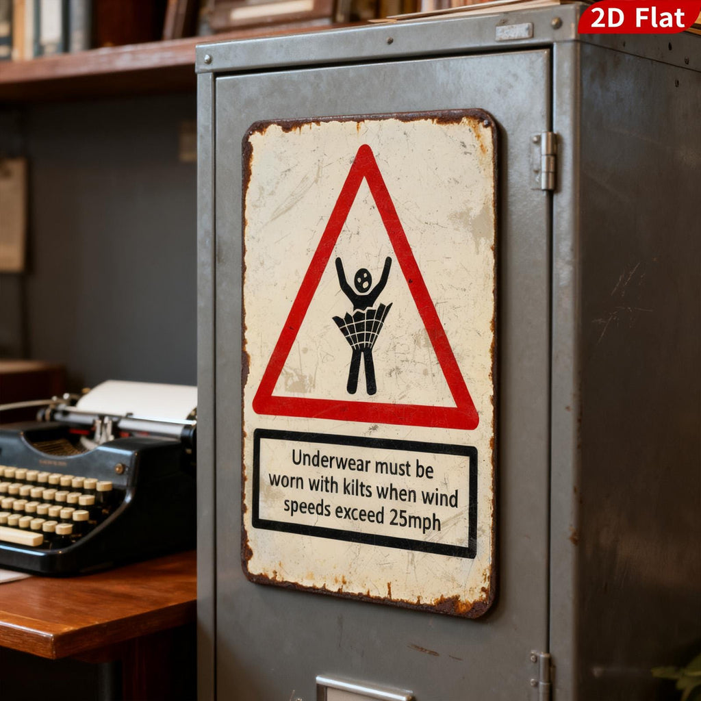 Funny Kilt Warning Sign, Underwear Required When Windy, Novelty Metal Wall Art