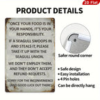 Seagull Food Warning Metal Sign, Coastal Beach House Decor