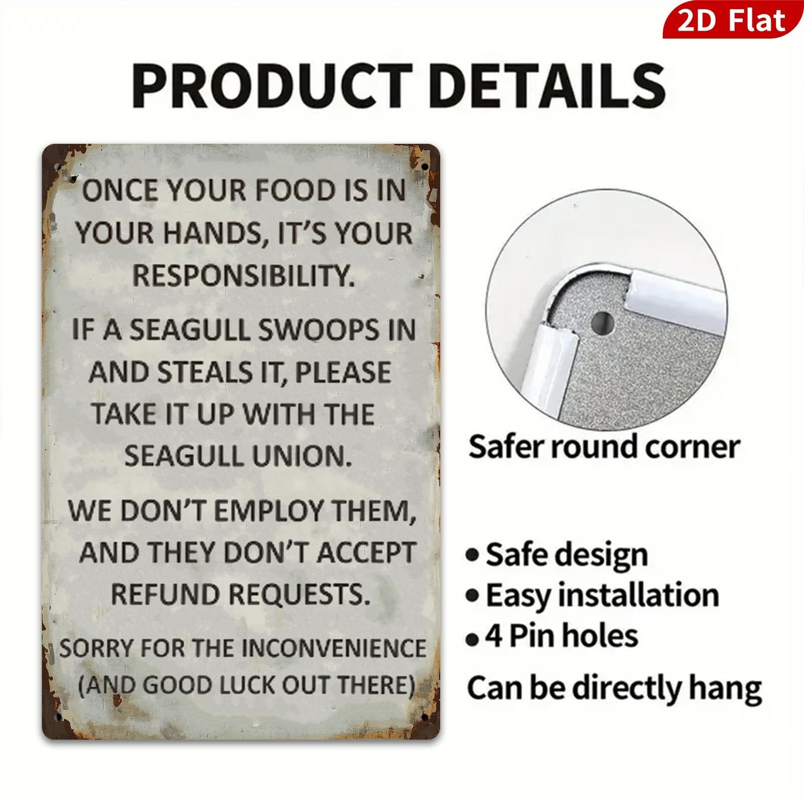 Seagull Food Warning Metal Sign, Coastal Beach House Decor