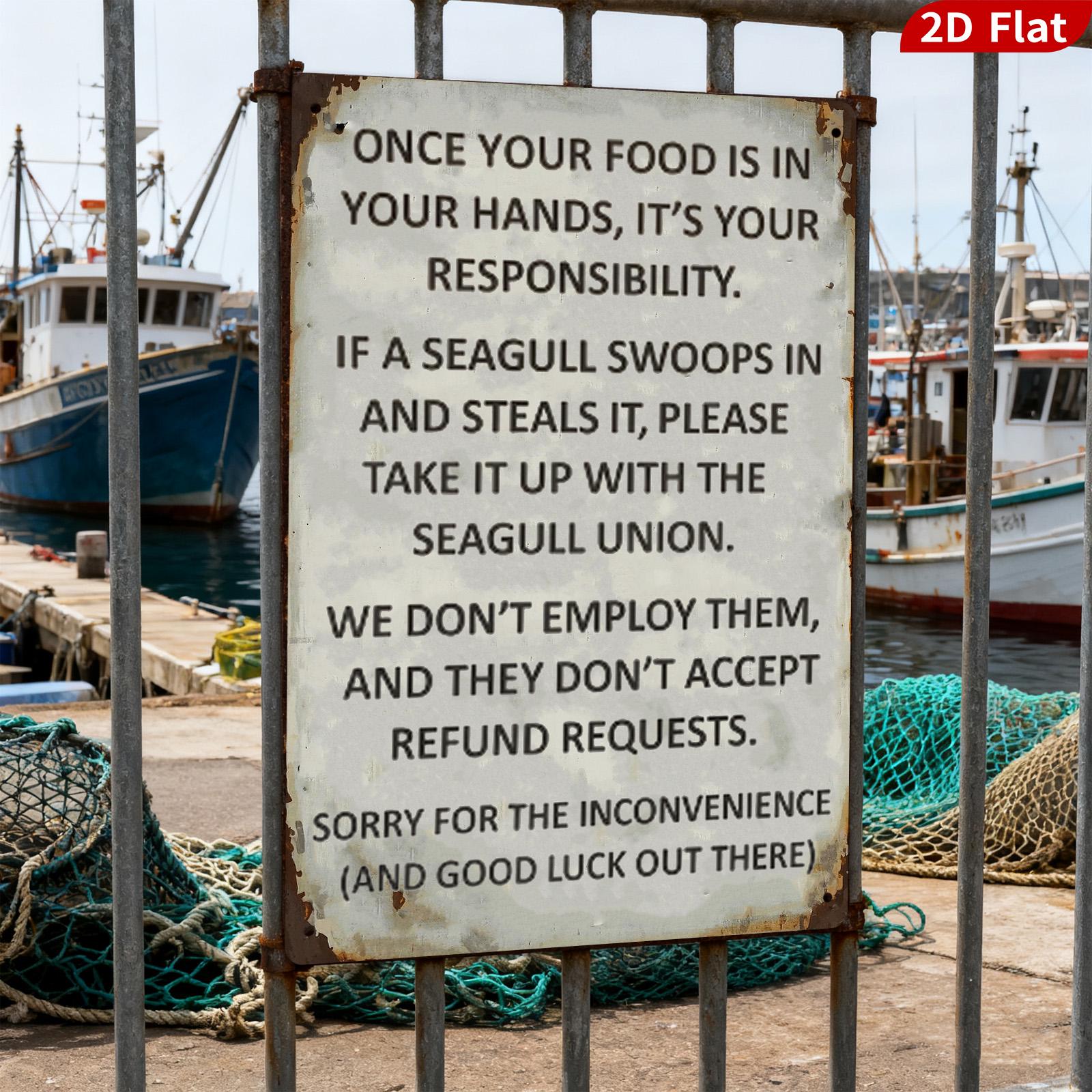 Seagull Food Warning Metal Sign, Coastal Beach House Decor