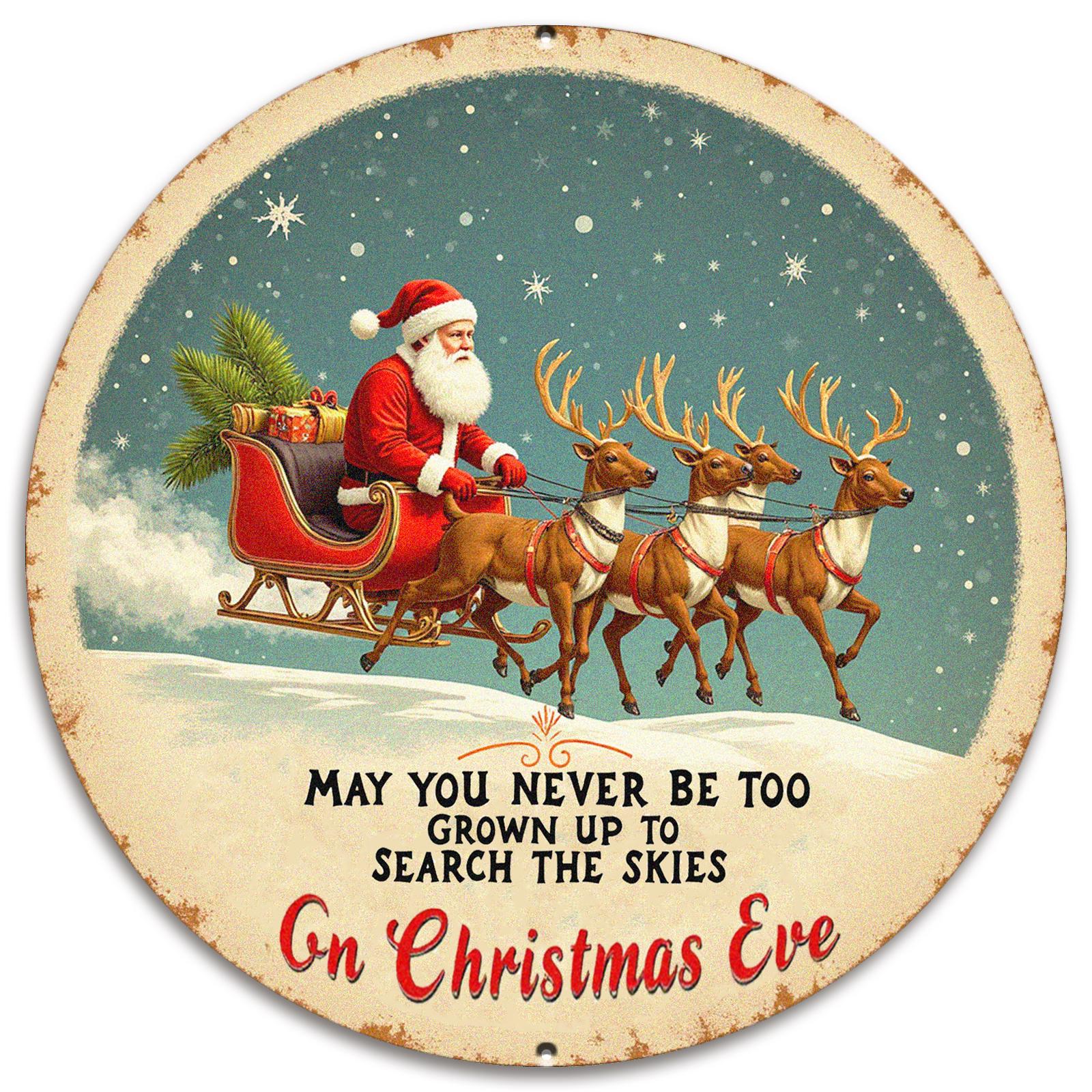 Vintage Santa Sleigh Metal Sign - Christmas Eve Round Wall Art, Retro Holiday Porch Decor
