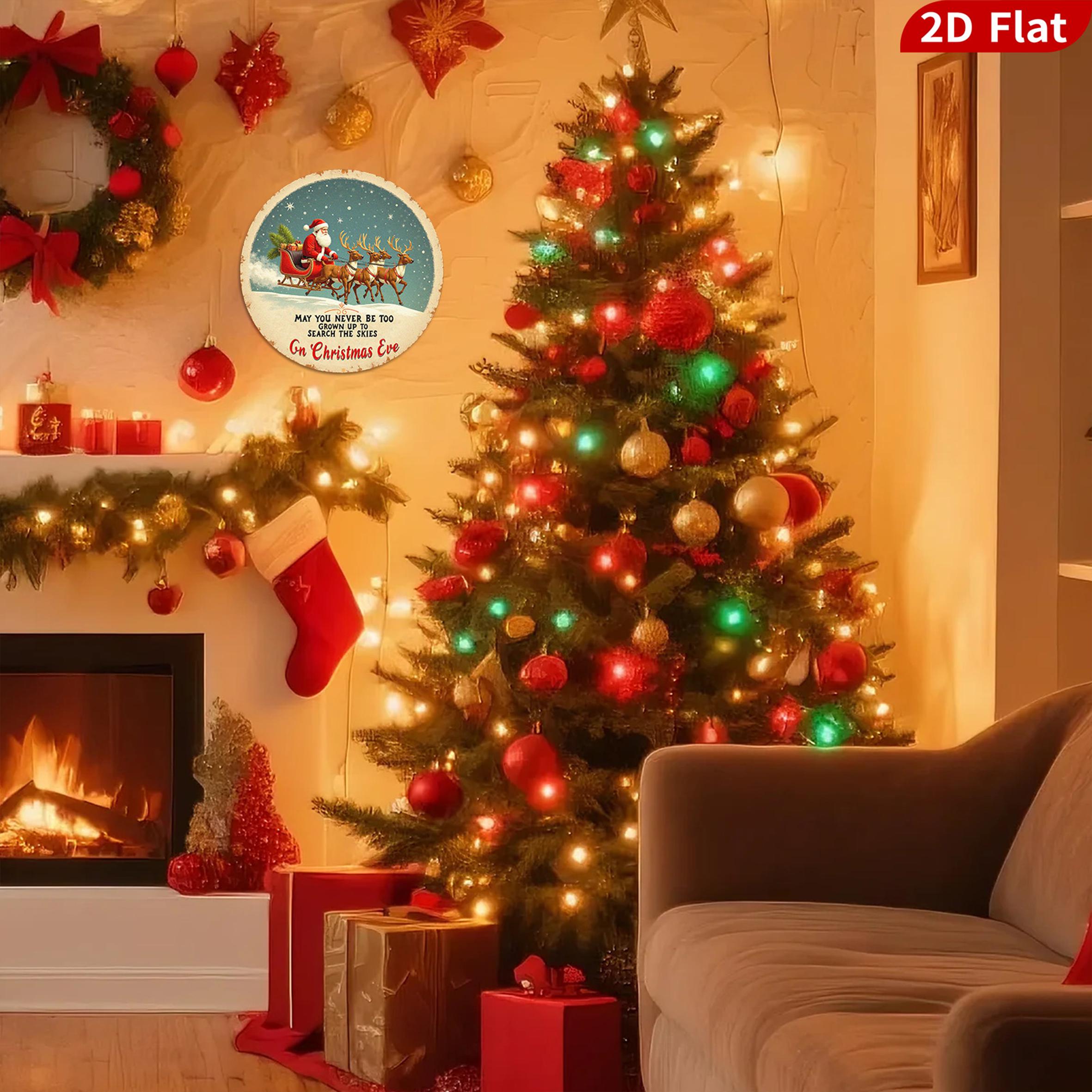 Vintage Santa Sleigh Metal Sign - Christmas Eve Round Wall Art, Retro Holiday Porch Decor