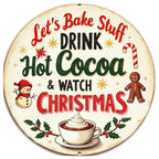 Pancarte en métal « Let's Bake Stuff Drink Hot Cocoa » | Décoration murale ronde de Noël pour cuisine et fêtes…