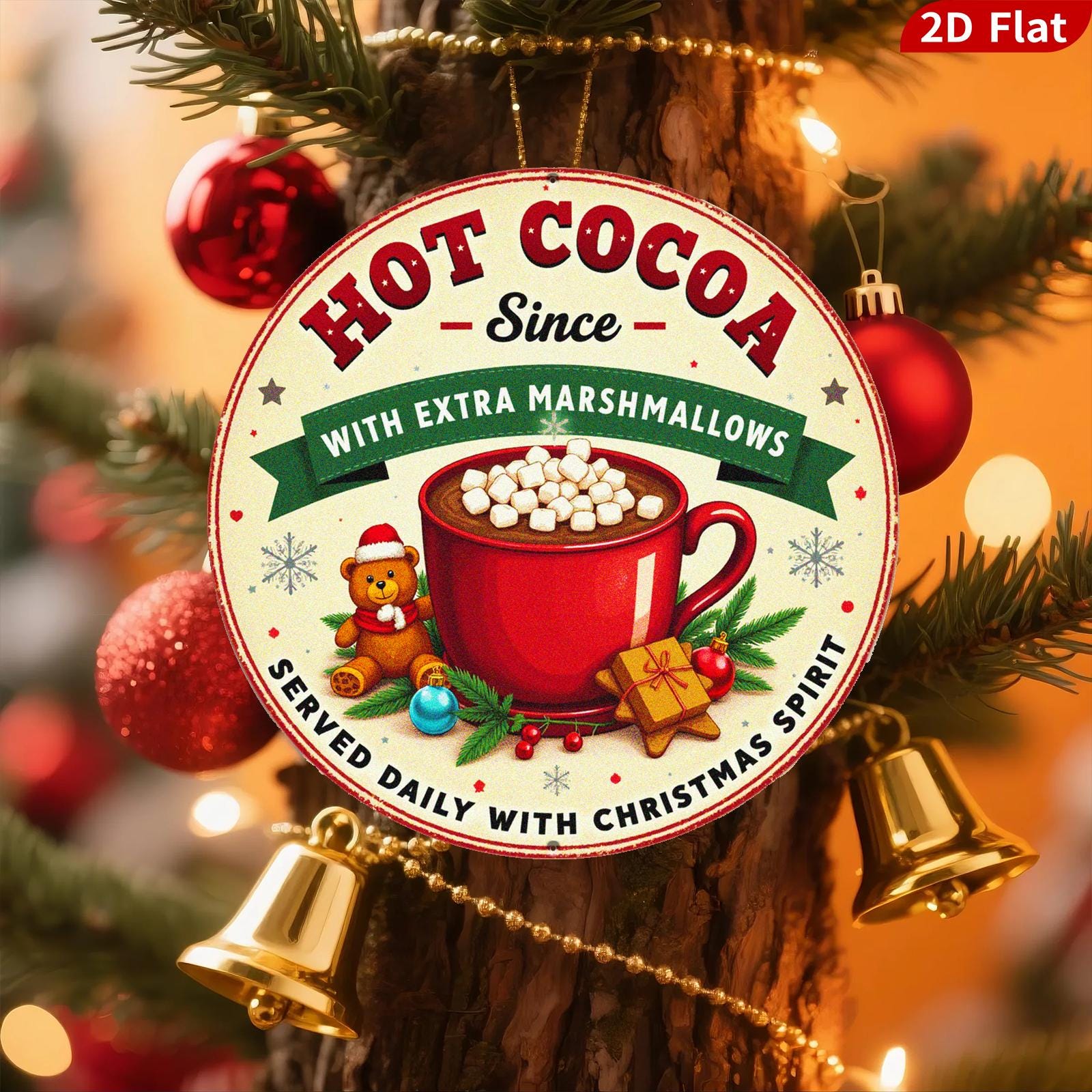 Hot Cocoa Metal Sign - With Extra Marshmallows, Round Christmas Kitchen & Holiday Wall Decor