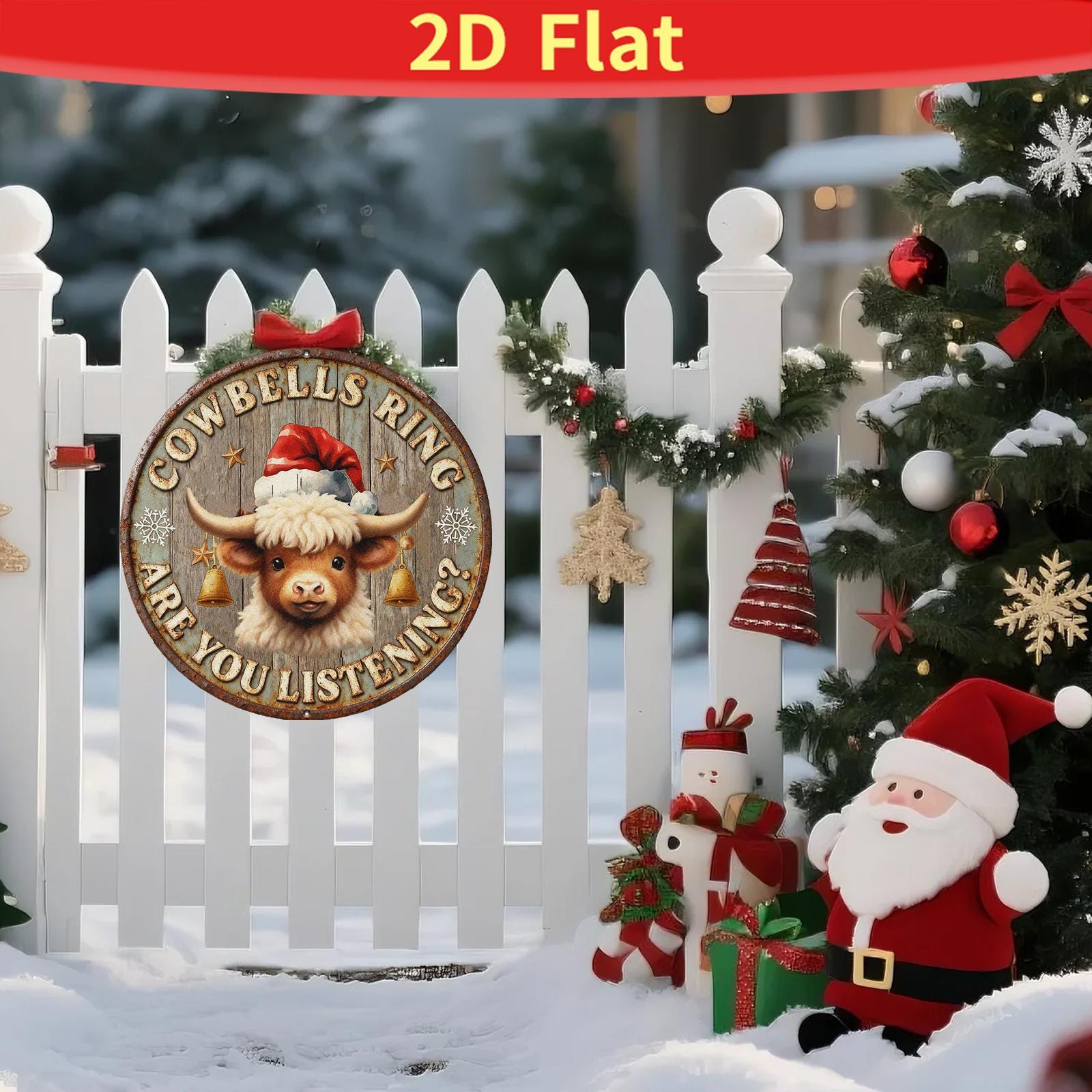 Cowbells Ring Metal Sign - Rustic Cow Christmas Round Farmhouse Decor, Santa Cow Wall Art