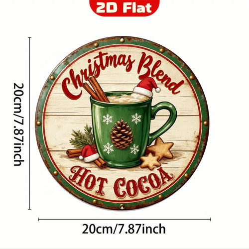 Christmas Blend Hot Cocoa Metal Sign - Round Vintage Holiday Kitchen & Cozy Wall Decor