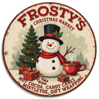 Enseigne Métal Marché de Noël Frosty | Bonhomme de Neige et Chocolat Chaud Plaque Murale Ronde Vintage pour les Fêtes…