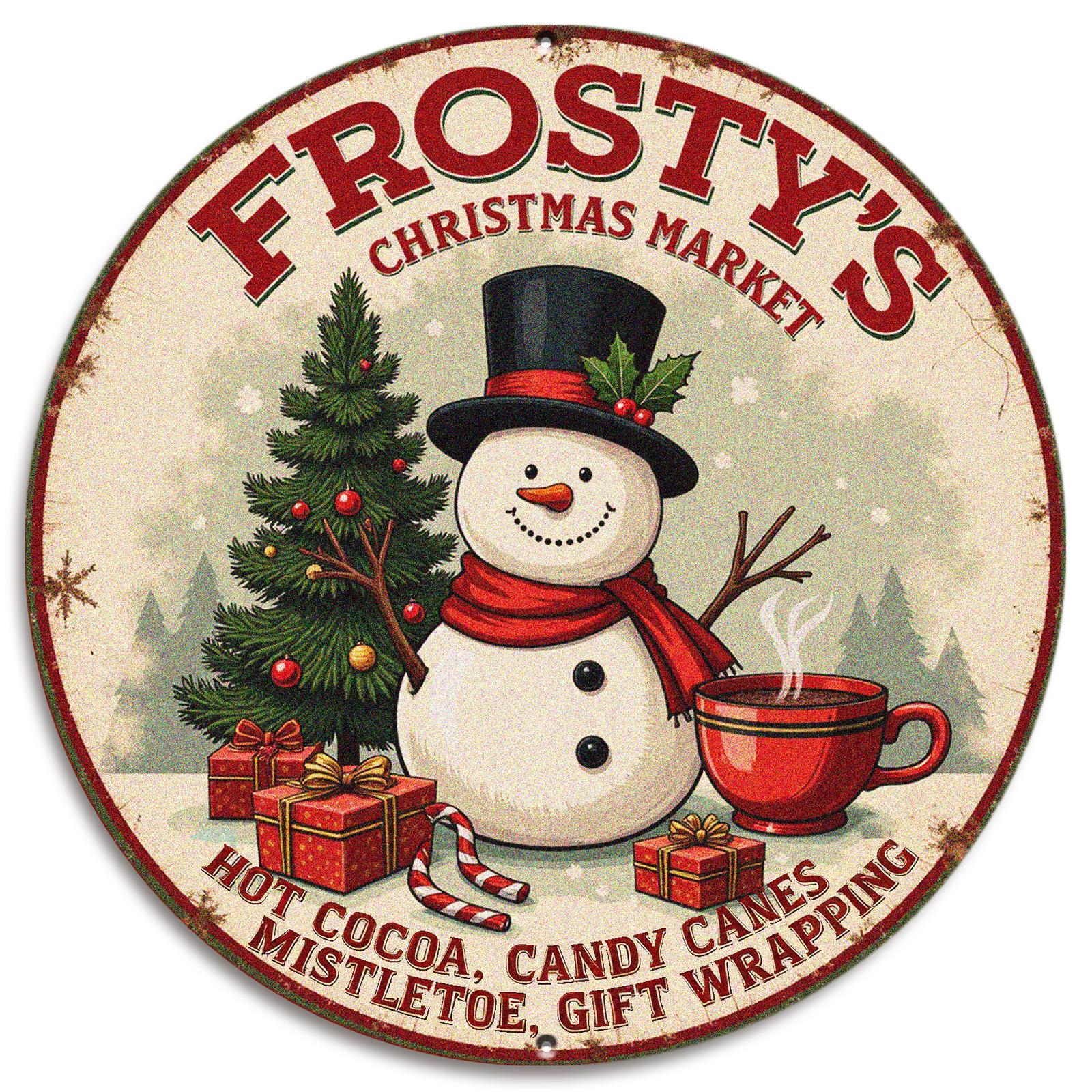 Frosty's Christmas Market Metal Sign - Snowman & Hot Cocoa Round Vintage Holiday Wall Decor
