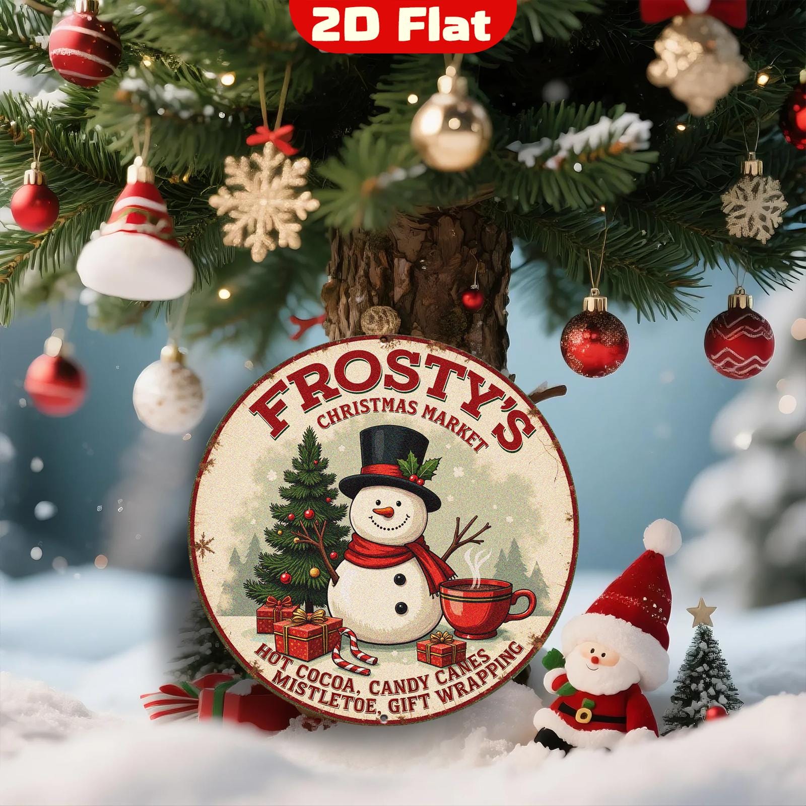 Frosty's Christmas Market Metal Sign - Snowman & Hot Cocoa Round Vintage Holiday Wall Decor