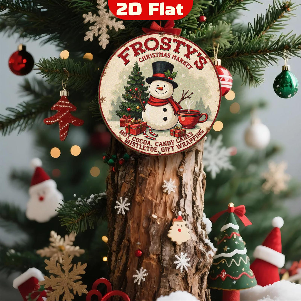 Enseigne Métal Marché de Noël Frosty | Bonhomme de Neige et Chocolat Chaud Plaque Murale Ronde Vintage pour les Fêtes…