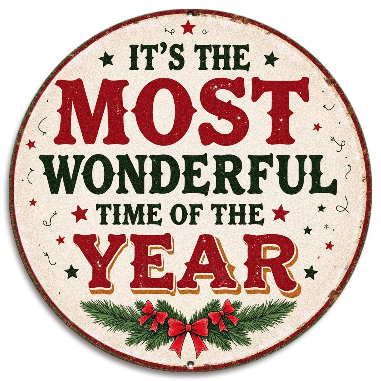 Vintage Christmas Metal Sign - Round Holiday Wall Decor