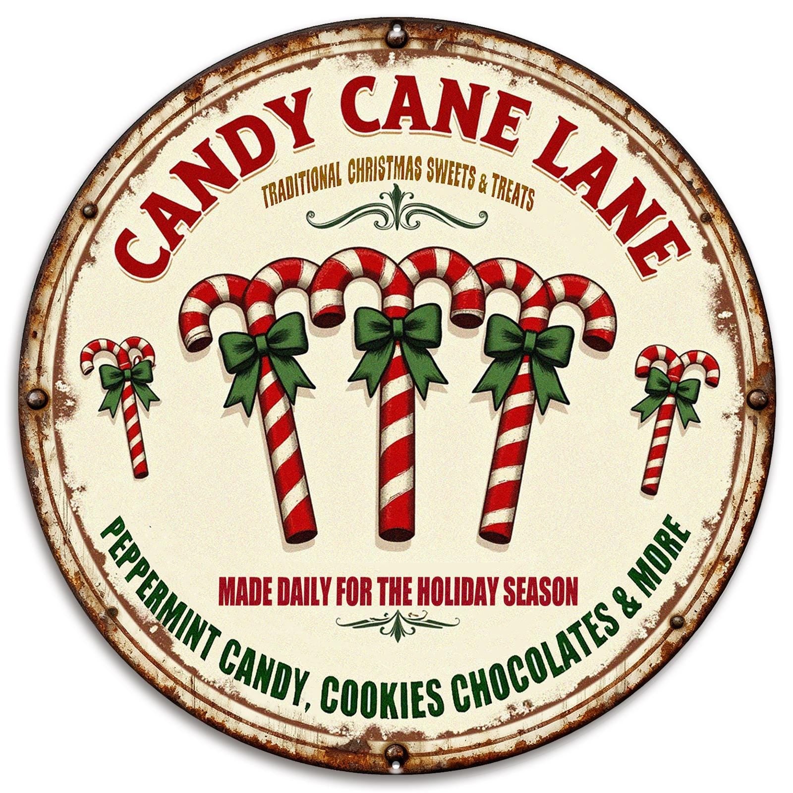 Candy Cane Lane Metal Sign - Vintage Round Christmas Candy Decor, Holiday Kitchen Wall Art