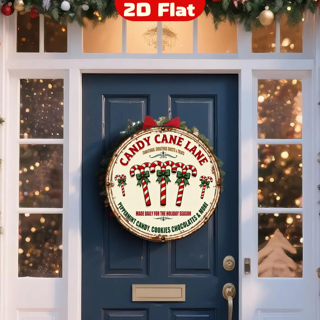 Candy Cane Lane Metallschild | Vintage Rundes Weihnachts-Zuckerstangen-Dekor, Feiertags-Küchenwand…