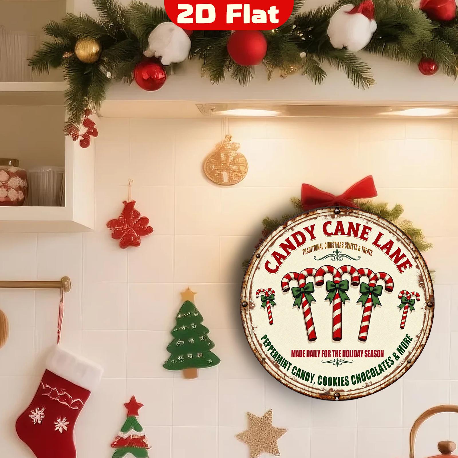 Candy Cane Lane Metal Sign - Vintage Round Christmas Candy Decor, Holiday Kitchen Wall Art