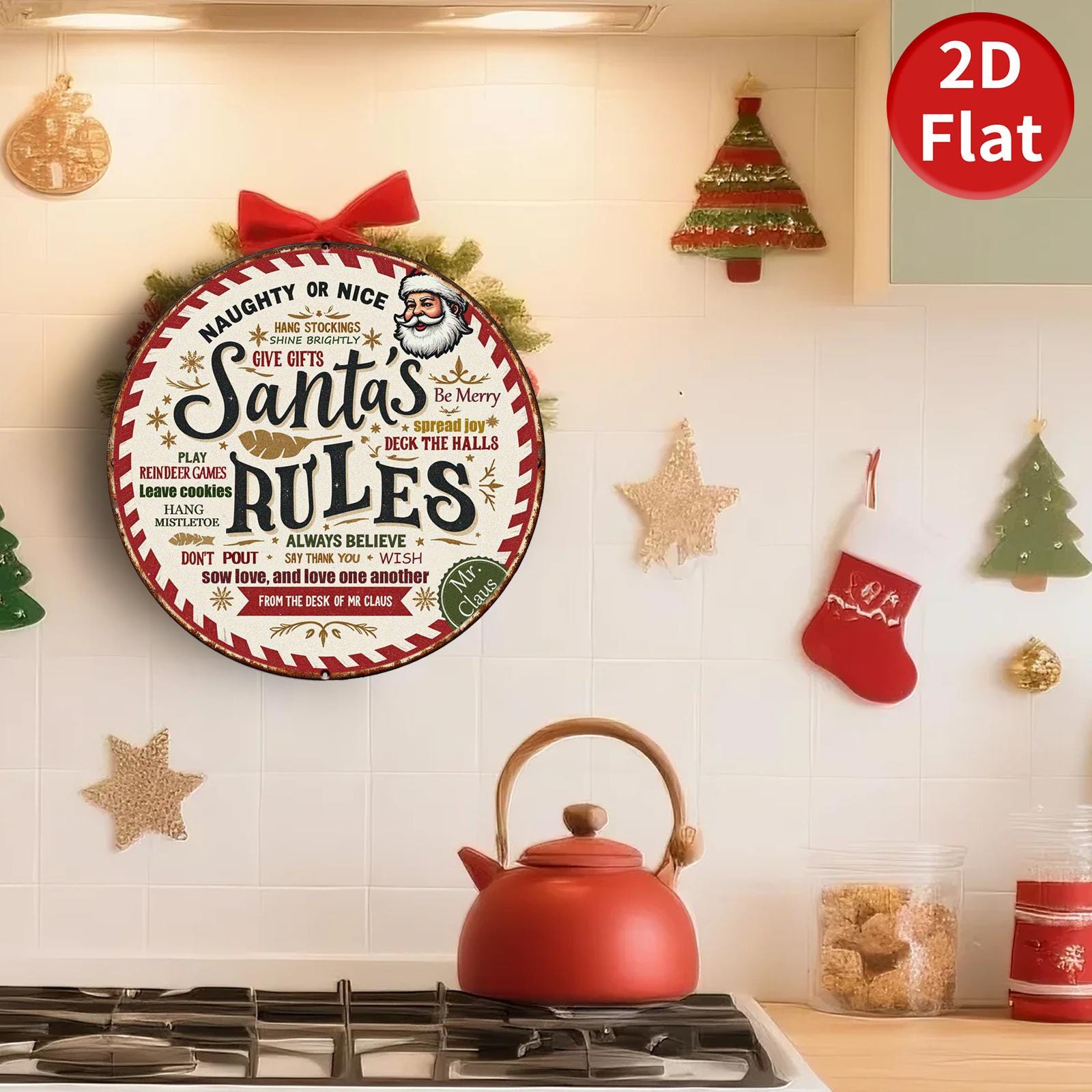 Santa's Rules Metal Sign - Round Vintage Christmas Wall Decor, Holiday Rules Plaque