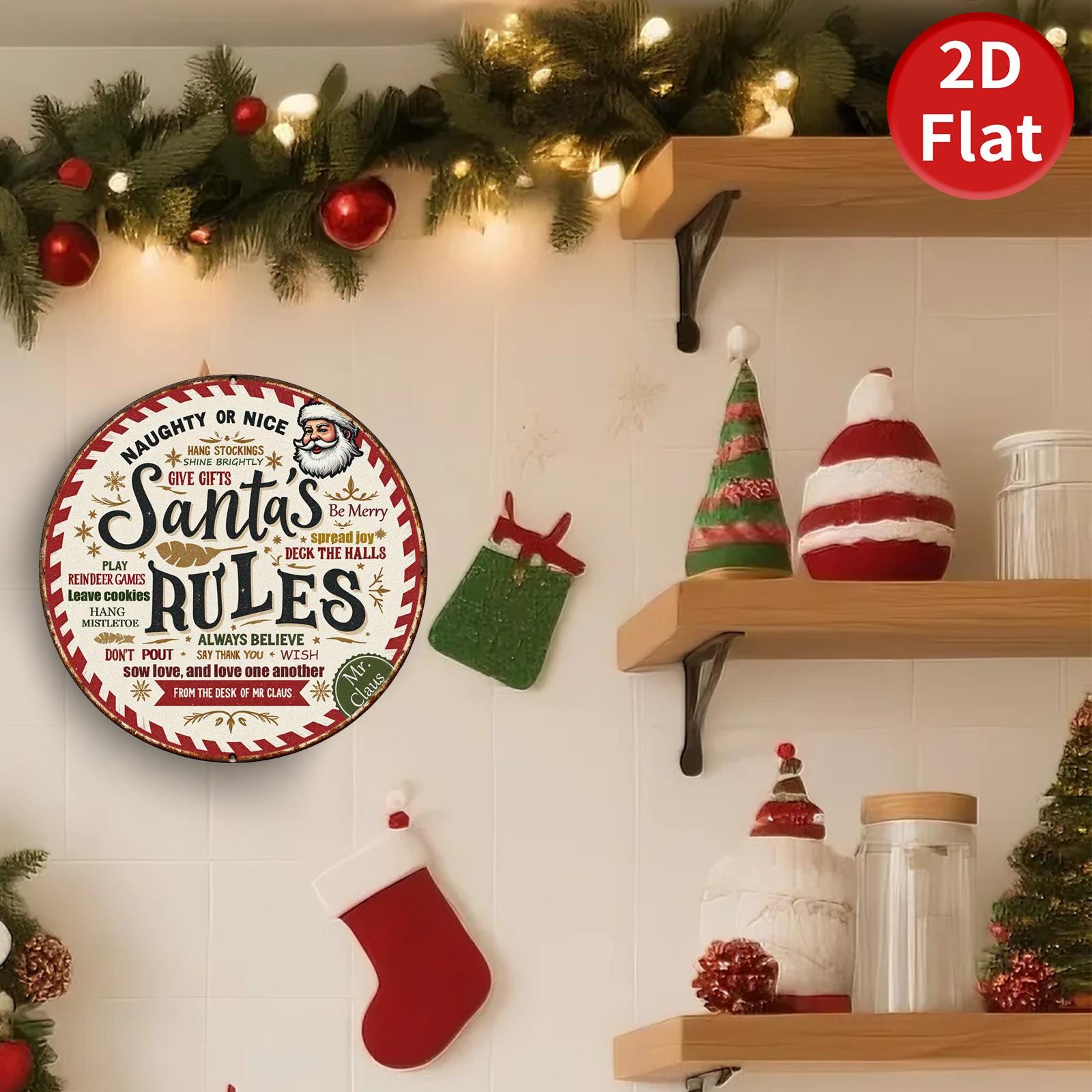 Santa's Rules Metal Sign - Round Vintage Christmas Wall Decor, Holiday Rules Plaque
