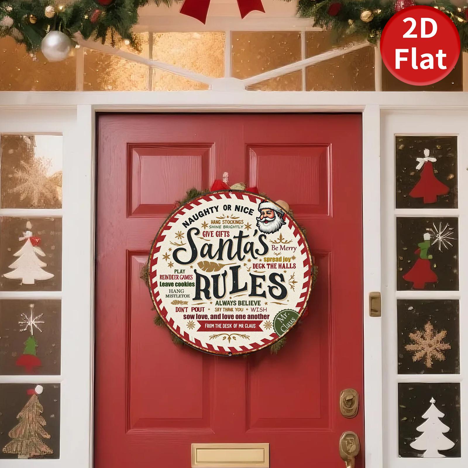 Santa's Rules Metal Sign - Round Vintage Christmas Wall Decor, Holiday Rules Plaque
