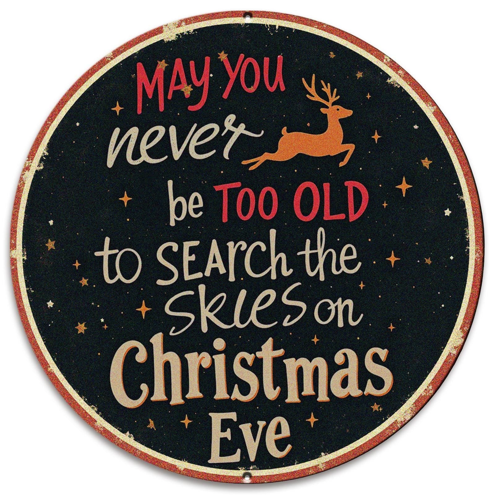 Vintage Round Christmas Sign "Search The Skies" – Rustic Holiday Wall Decor, Santa & Reindeer Quote Plaque