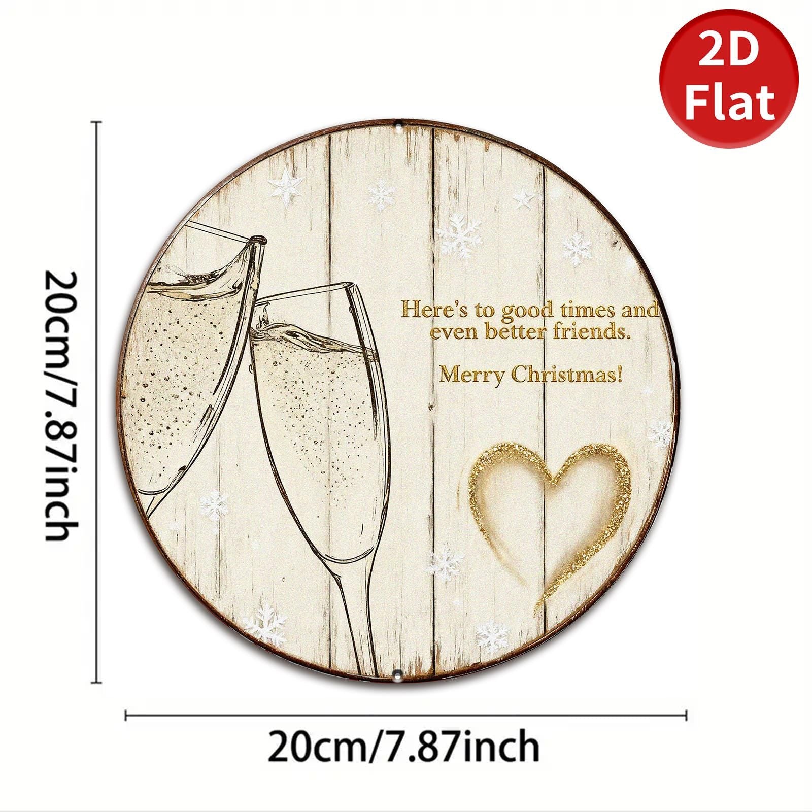 Metal Sign Merry Christmas Champagne Toast - Rustic Round Holiday Wall Decor, Friends Heart Gift