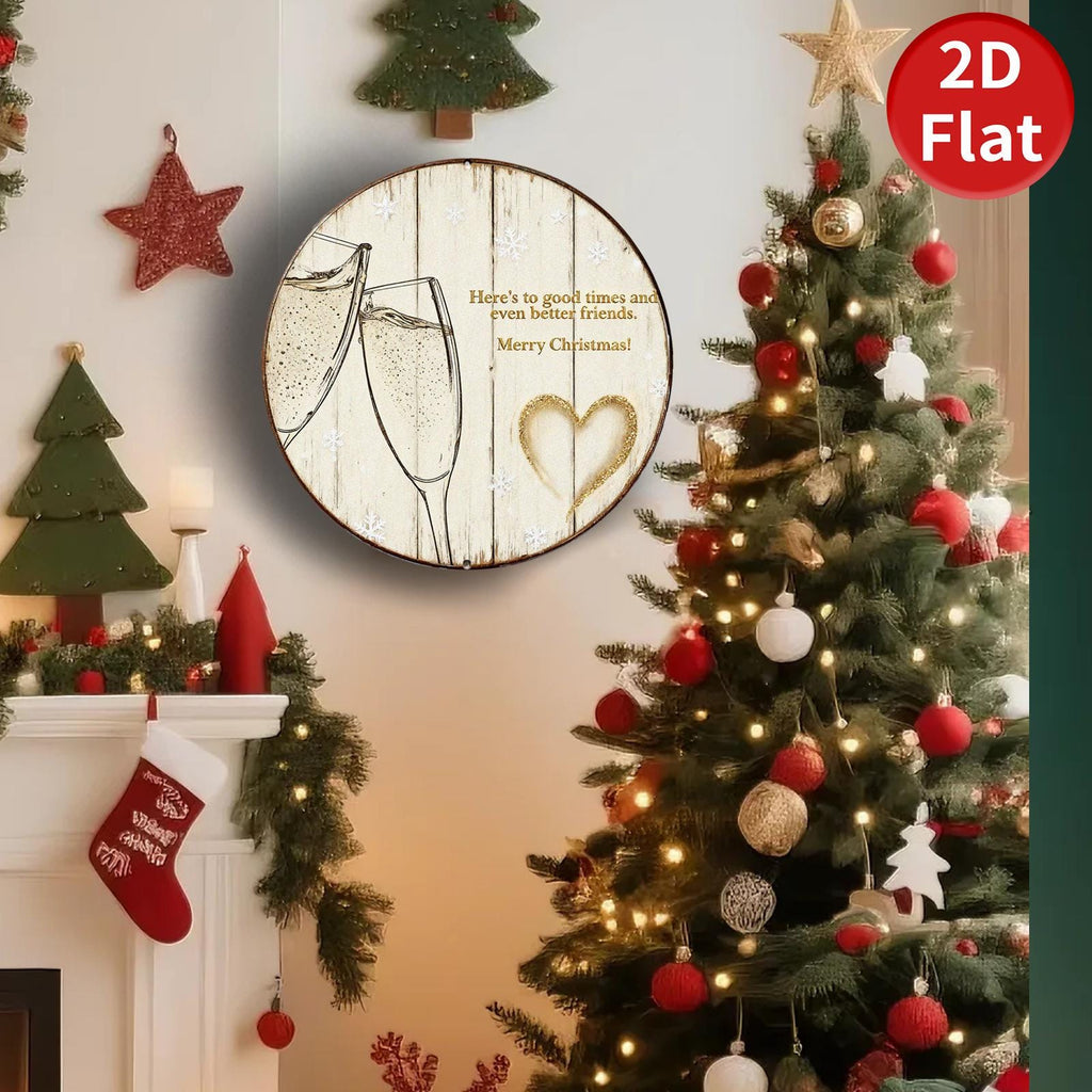 Metal Sign Merry Christmas Champagne Toast - Rustic Round Holiday Wall Decor, Friends Heart Gift