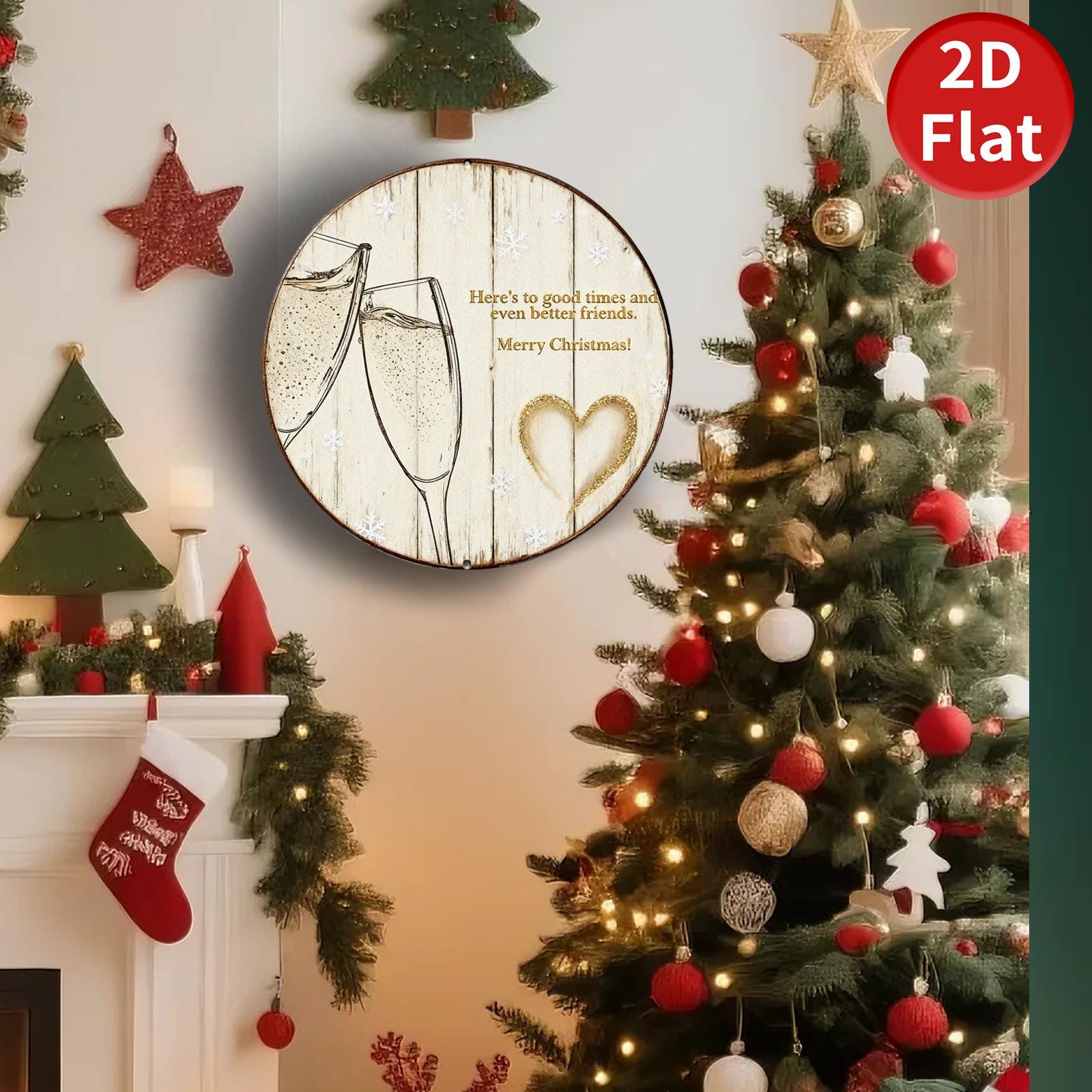 Metal Sign Merry Christmas Champagne Toast - Rustic Round Holiday Wall Decor, Friends Heart Gift
