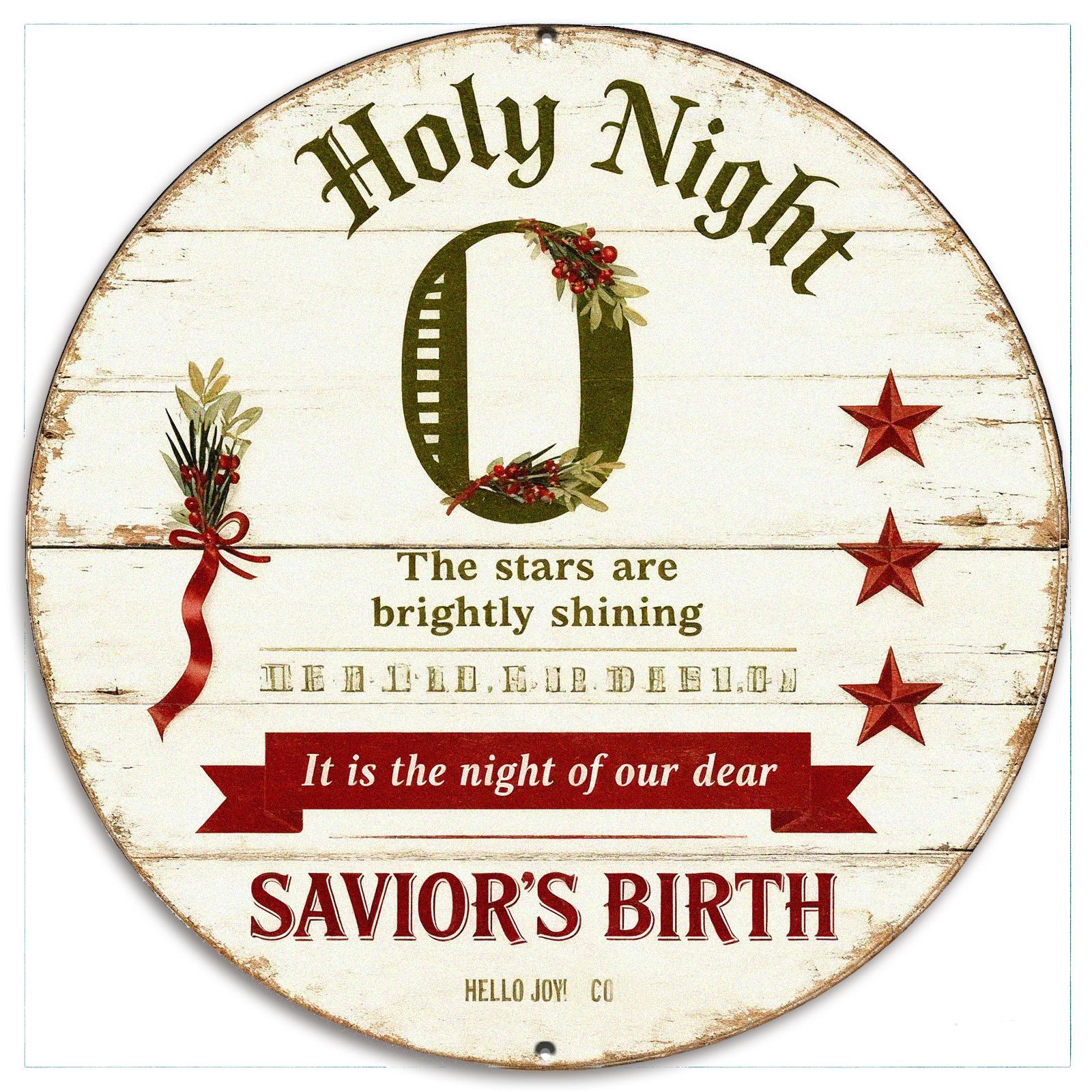 Metal Sign Holy Night - Savior's Birth Rustic Round Religious Christmas Wall Decor, Christian Gift