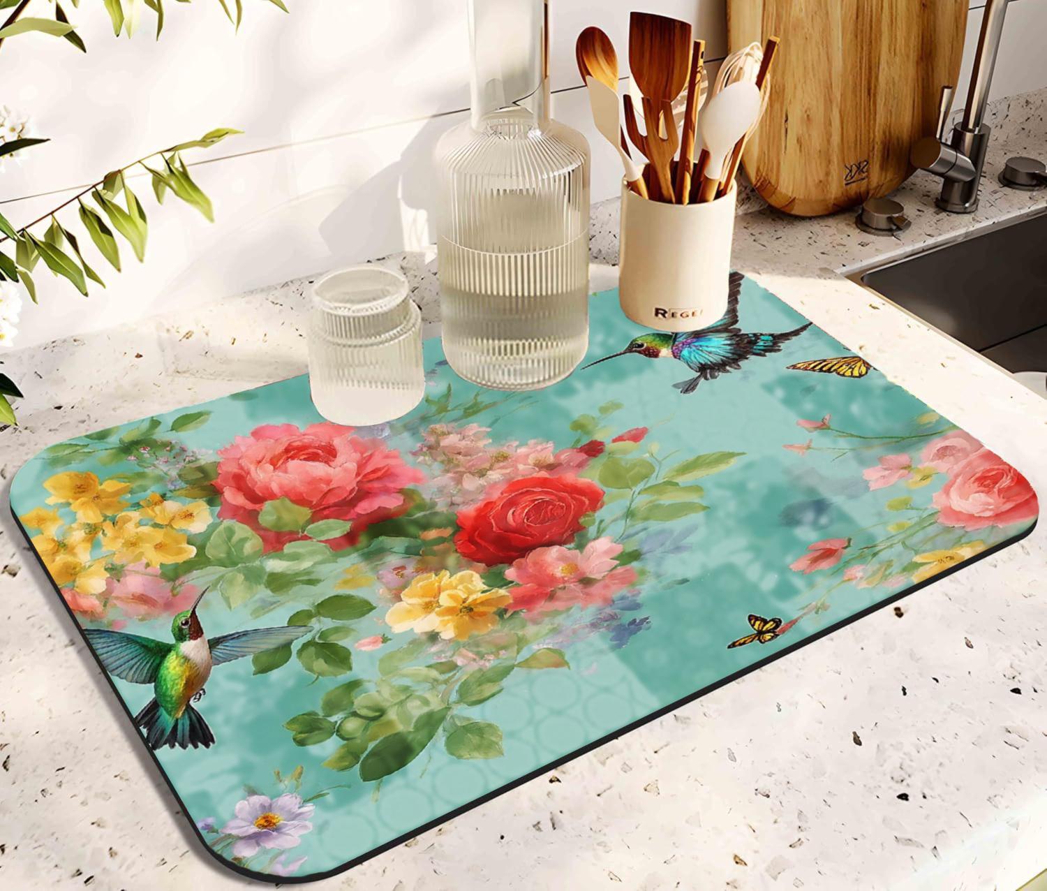 Floral Diatom Mud Kitchen Drying Mat, Super Absorbent (16x24 Inch)