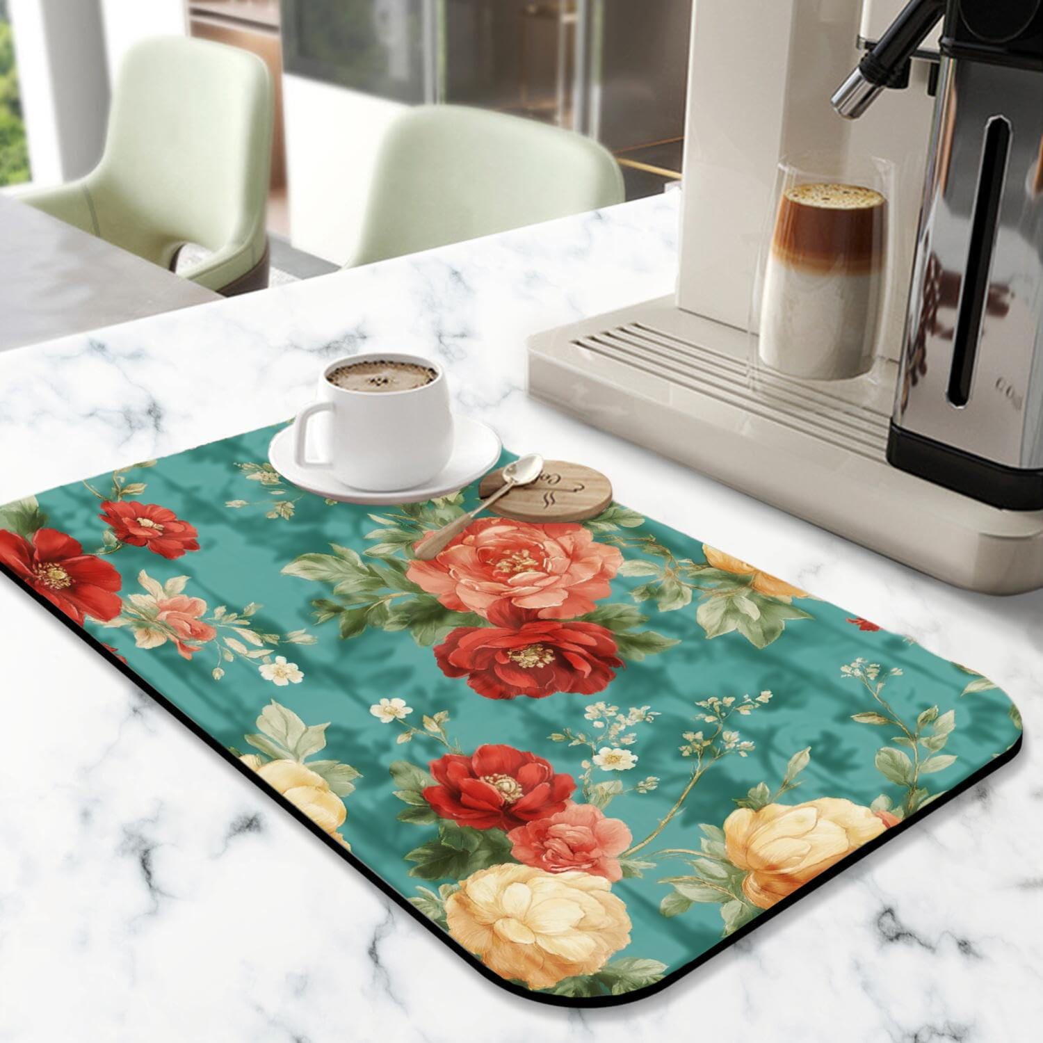 Floral Diatom Mud Kitchen Drying Mat, Super Absorbent (16x24 Inch)