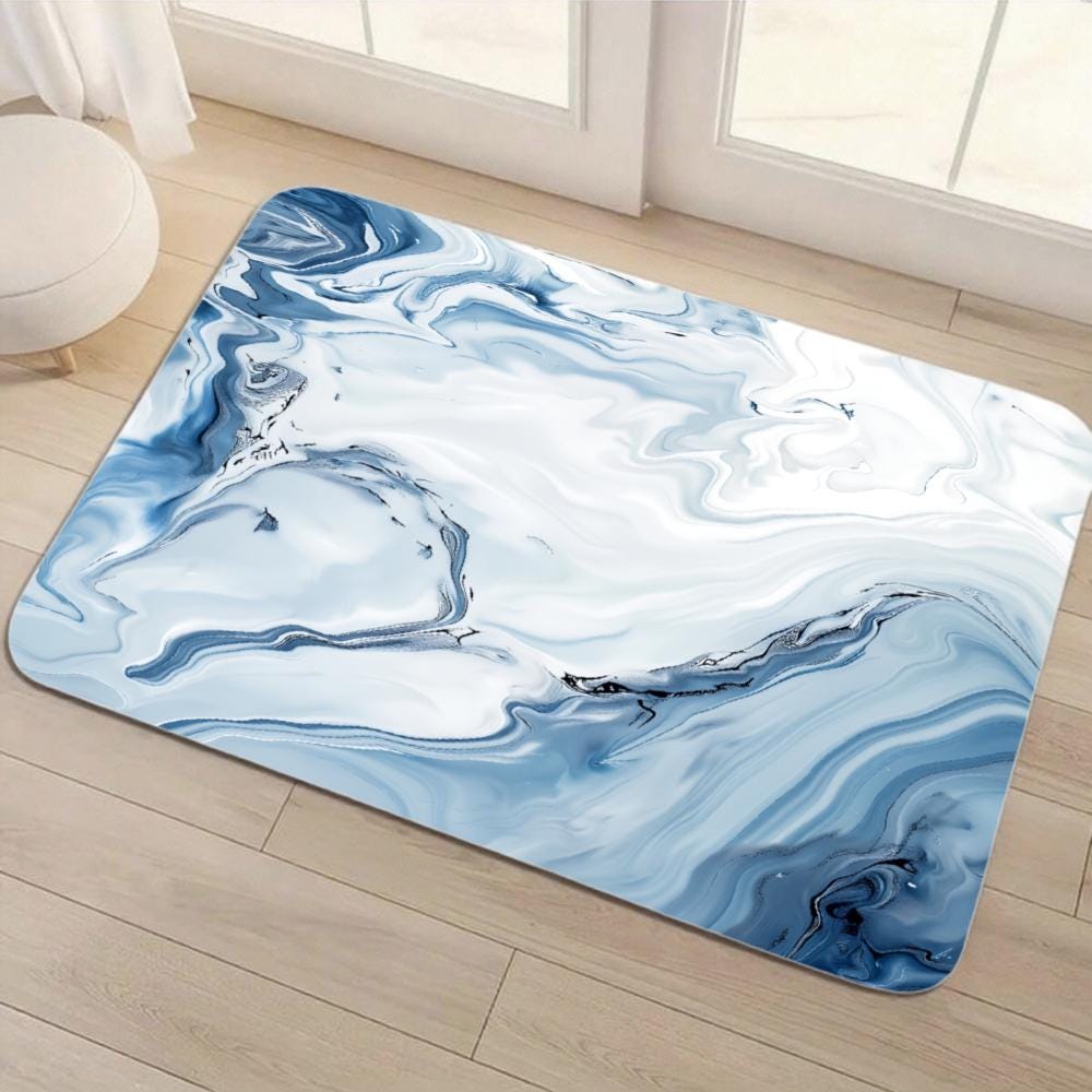 Blue Marble Floor Mat, Abstract Watercolor Absorbent Diatomite Rug