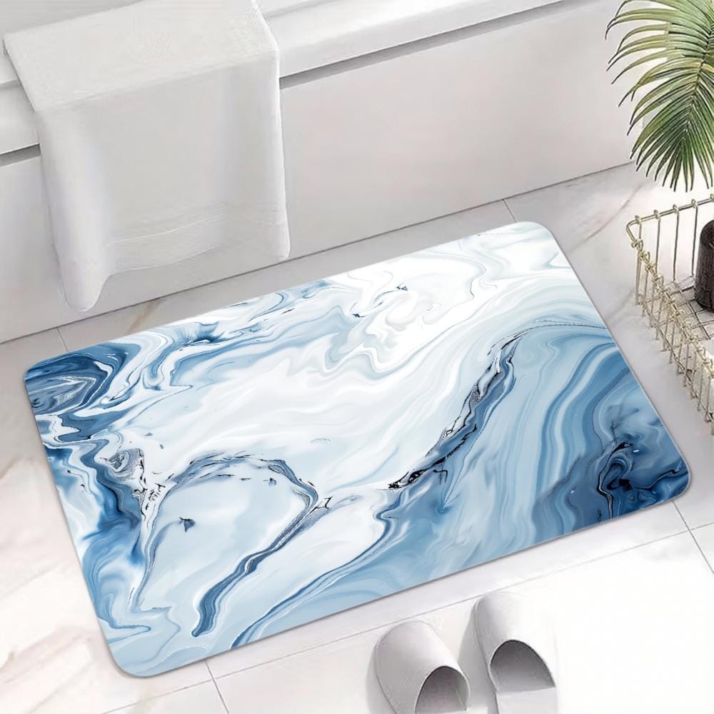 Blue Marble Floor Mat, Abstract Watercolor Absorbent Diatomite Rug
