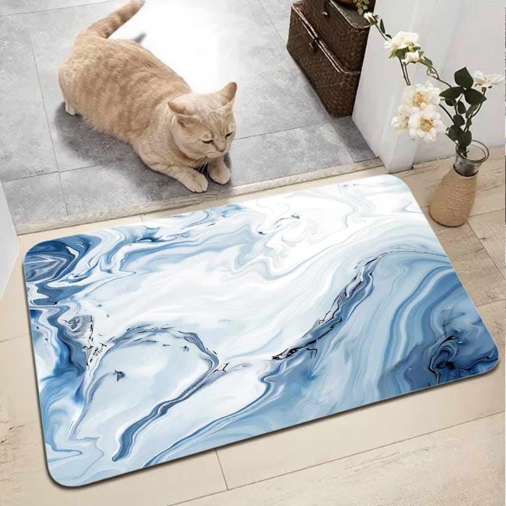 Blue Marble Floor Mat, Abstract Watercolor Absorbent Diatomite Rug