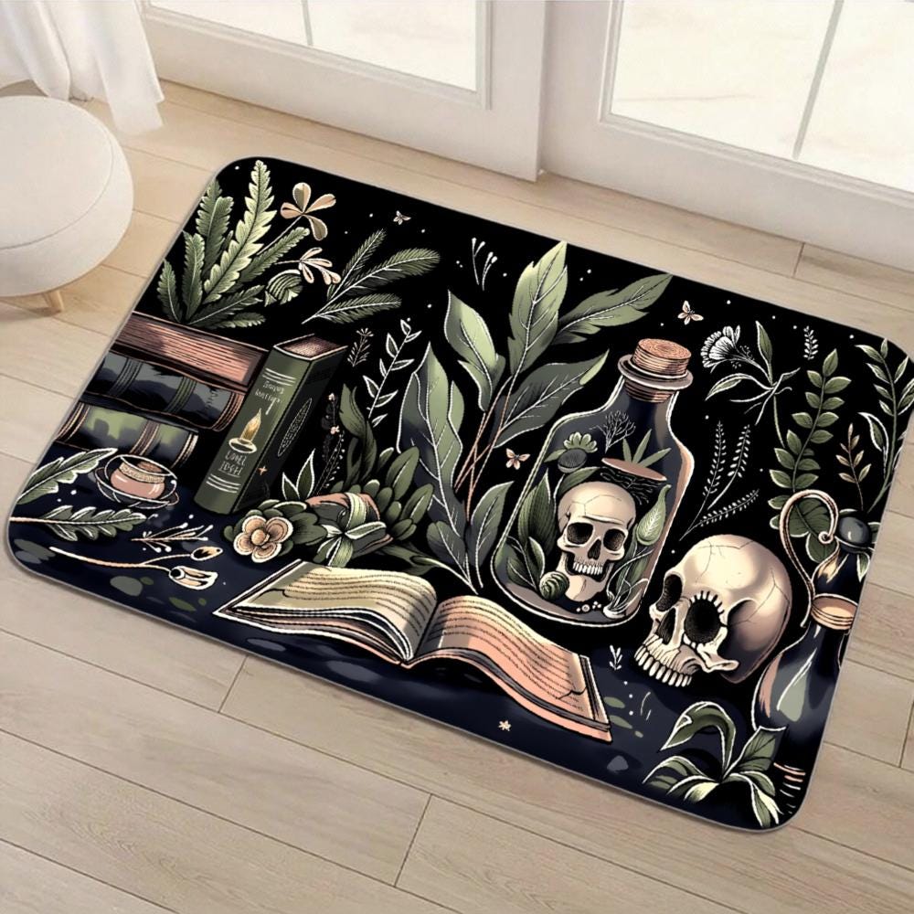 Gothic Skull Botanical Rug: Black Absorbent Diatomite Mat