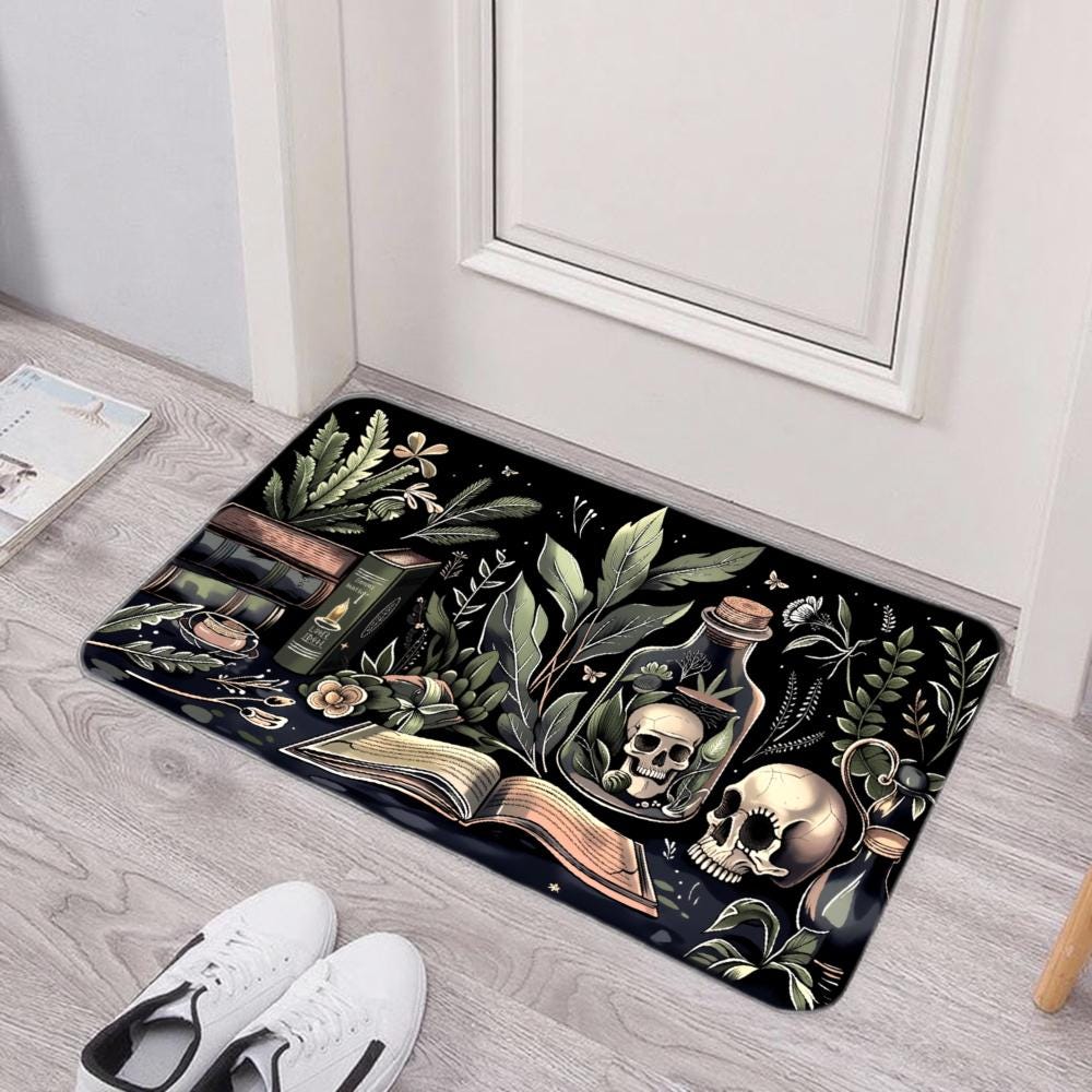 Gothic Skull Botanical Rug: Black Absorbent Diatomite Mat