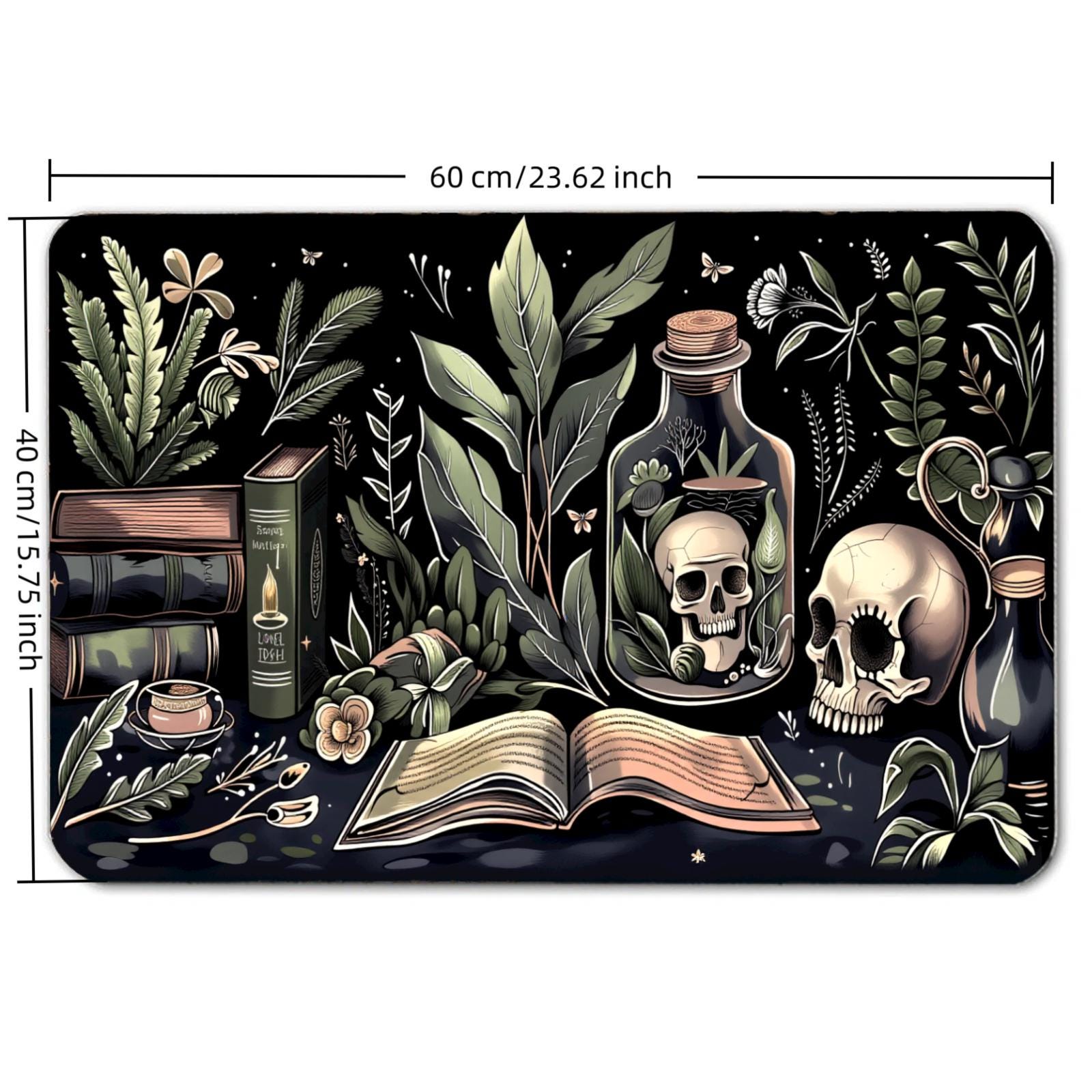 Gothic Skull Botanical Rug: Black Absorbent Diatomite Mat