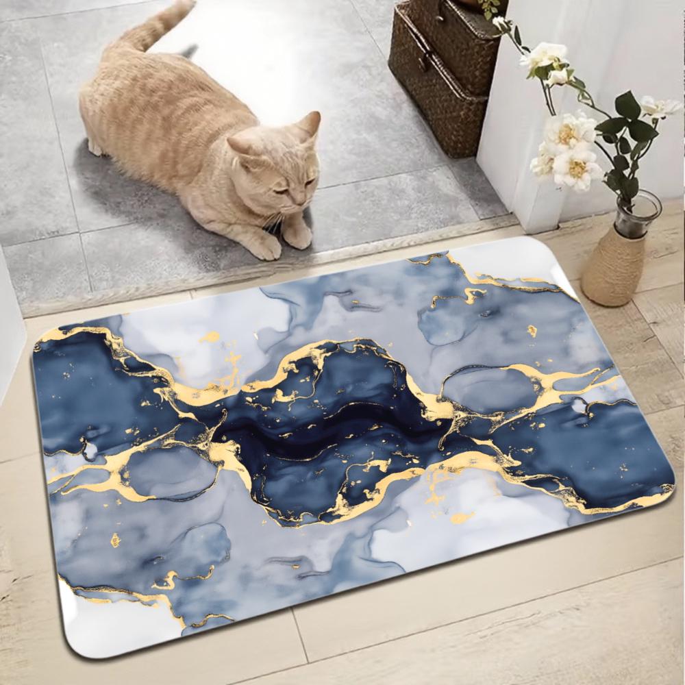 Navy Blue and Gold Marble Bath Mat, Absorbent Diatomite Rug