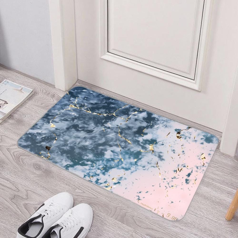 Blue and Pink Marble Bath Mat with Gold Accent - Non-Slip Diatomite Rug