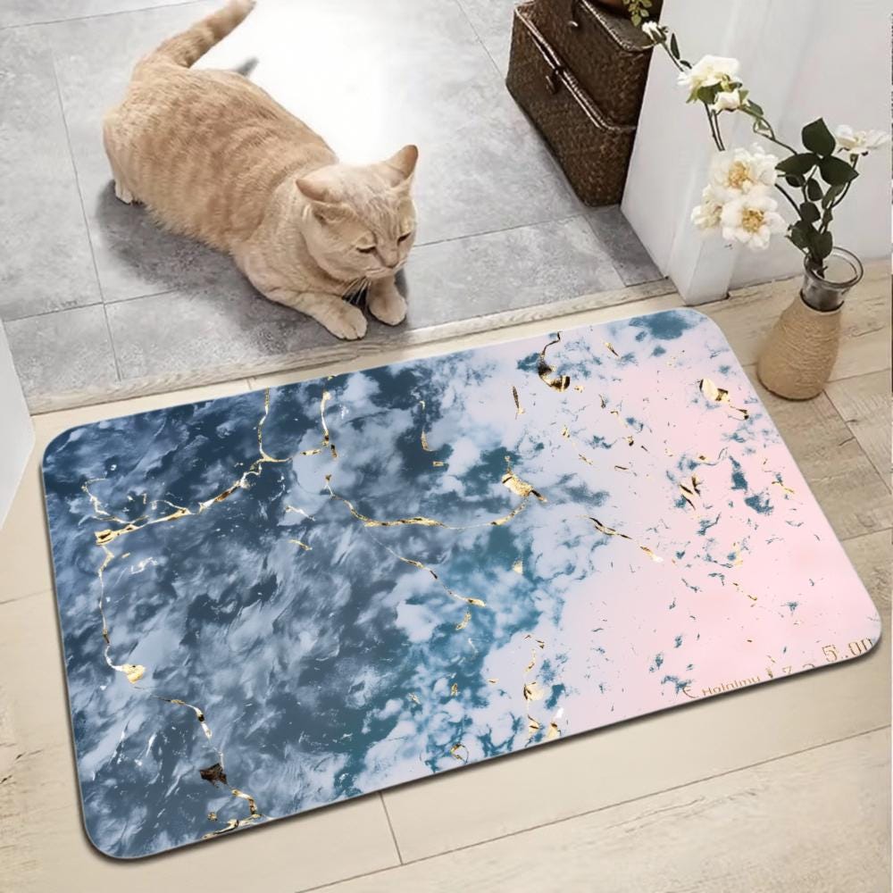 Blue and Pink Marble Bath Mat with Gold Accent - Non-Slip Diatomite Rug