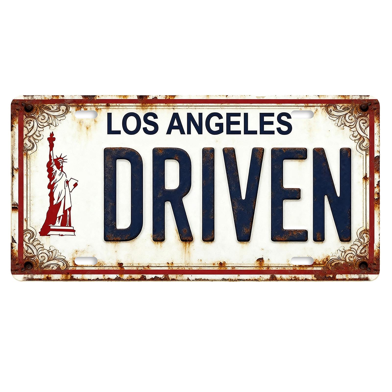 Rustic Metal License Plate Sign: Los Angeles, Statue of Liberty Wall Art