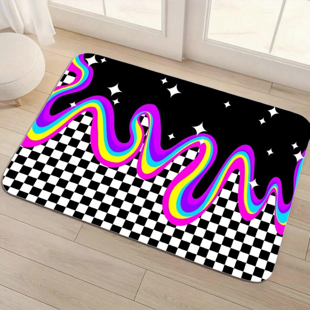 Neon Rainbow Drip Checkerboard Doormat – Non-Slip Entry Rug